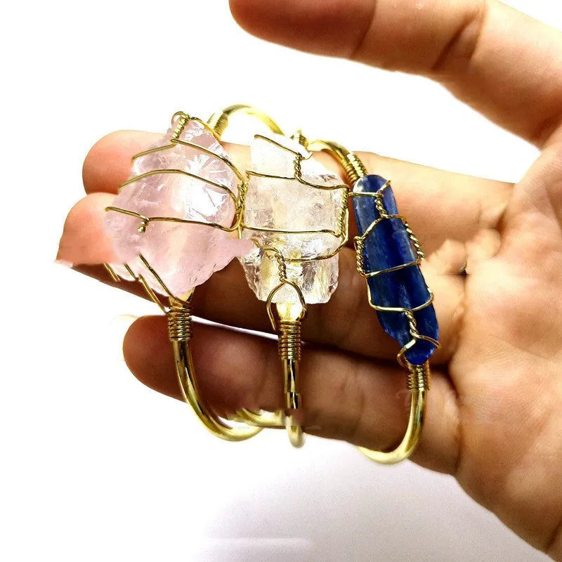 Natural crystal rough stone bracelet with gold winding geometric design in bohemian ethnic retro style