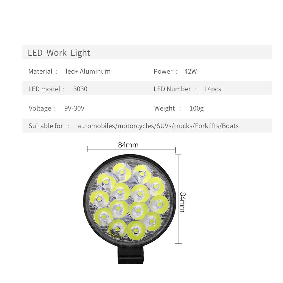 White LED work lights with round aluminum housing for car and vehicle auxiliary lighting