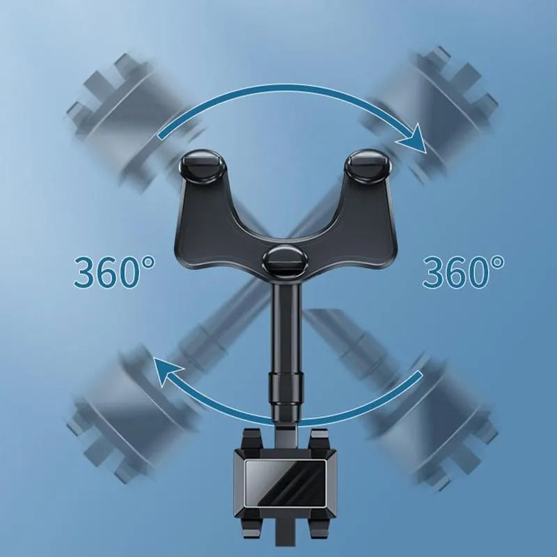 Black rearview mirror car phone holder with telescopic arm and four-claw phone grip, shown in a vehicle.