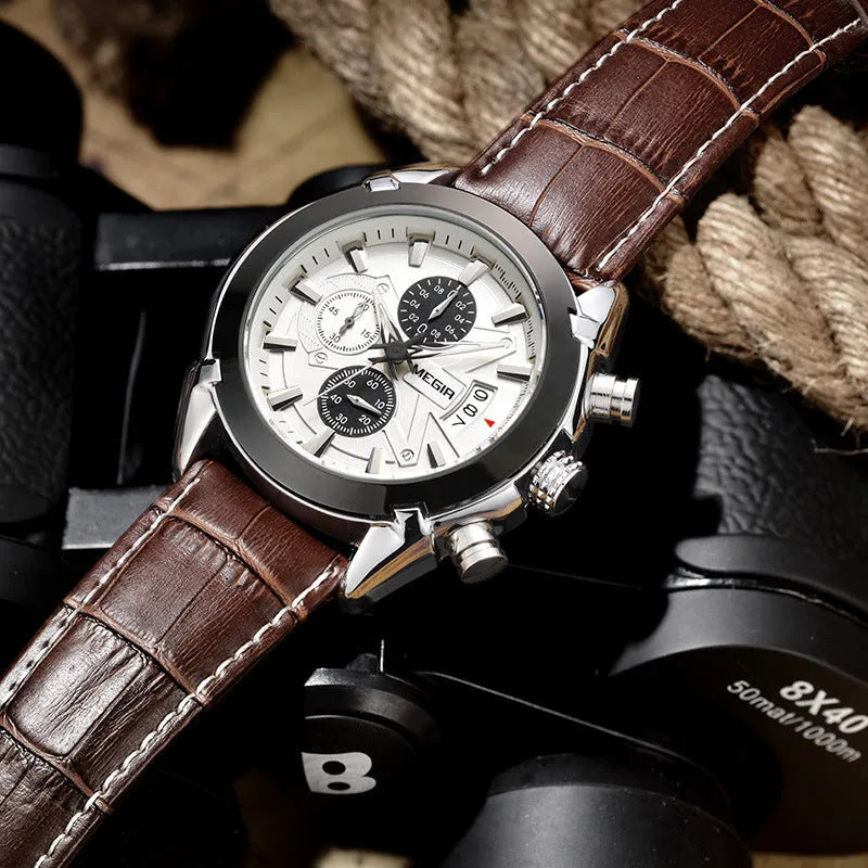 Men's multifunctional quartz watch with three sub-dials, luminous hands, and waterproof casing