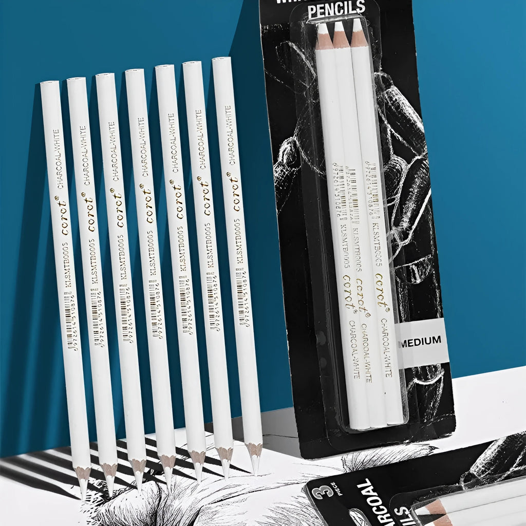 Three white charcoal pencils with wooden barrels for drawing on dark paper