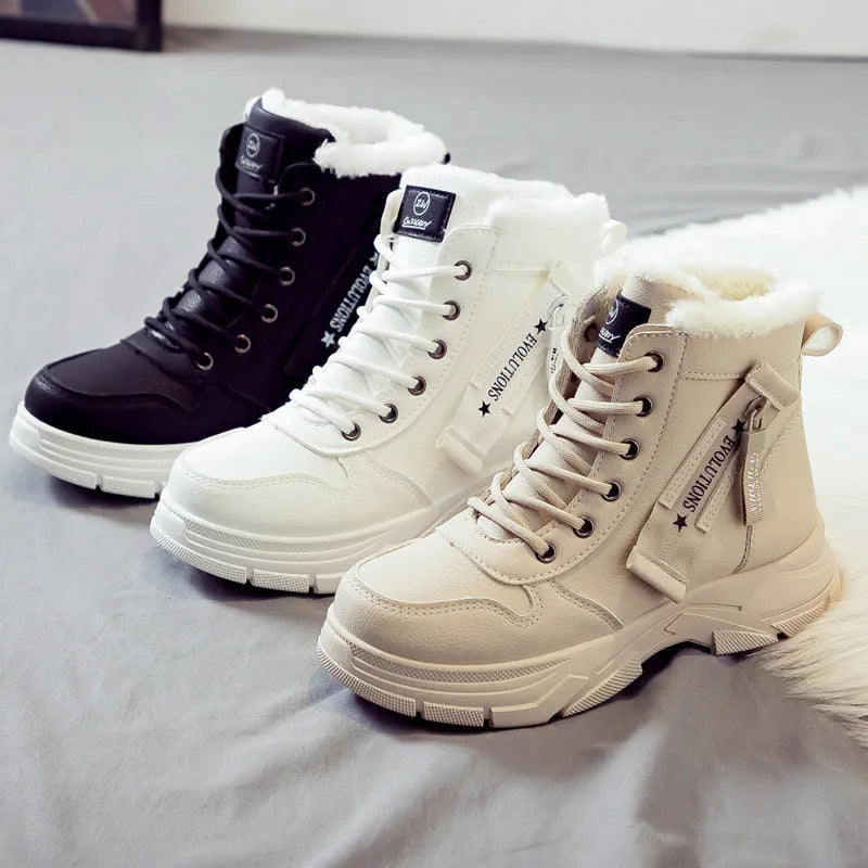 Women's plus size fleece-lined snow boots with tall upper crown and lace-up front