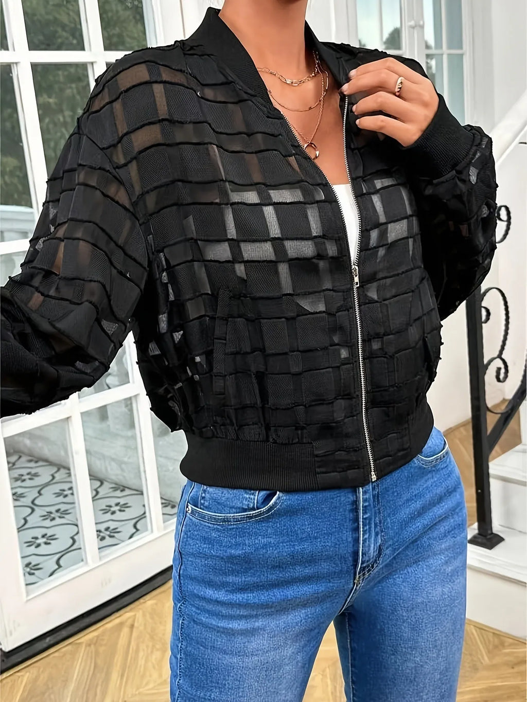 Black women's geometric pattern semi-transparent casual jacket with front zip