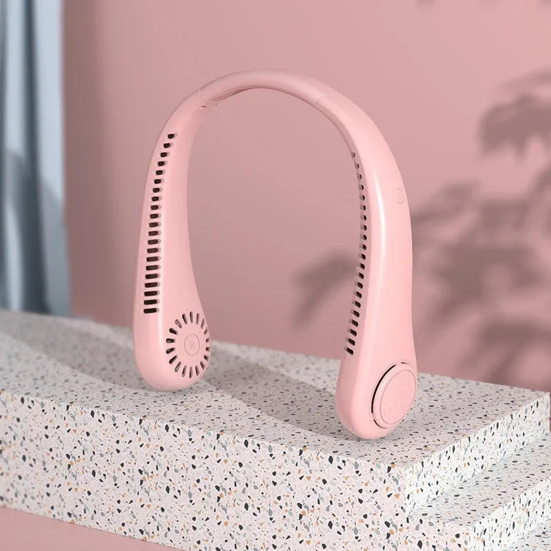 White USB charging portable bladeless neck fan showing flexible neckband and streamlined airflow outlet