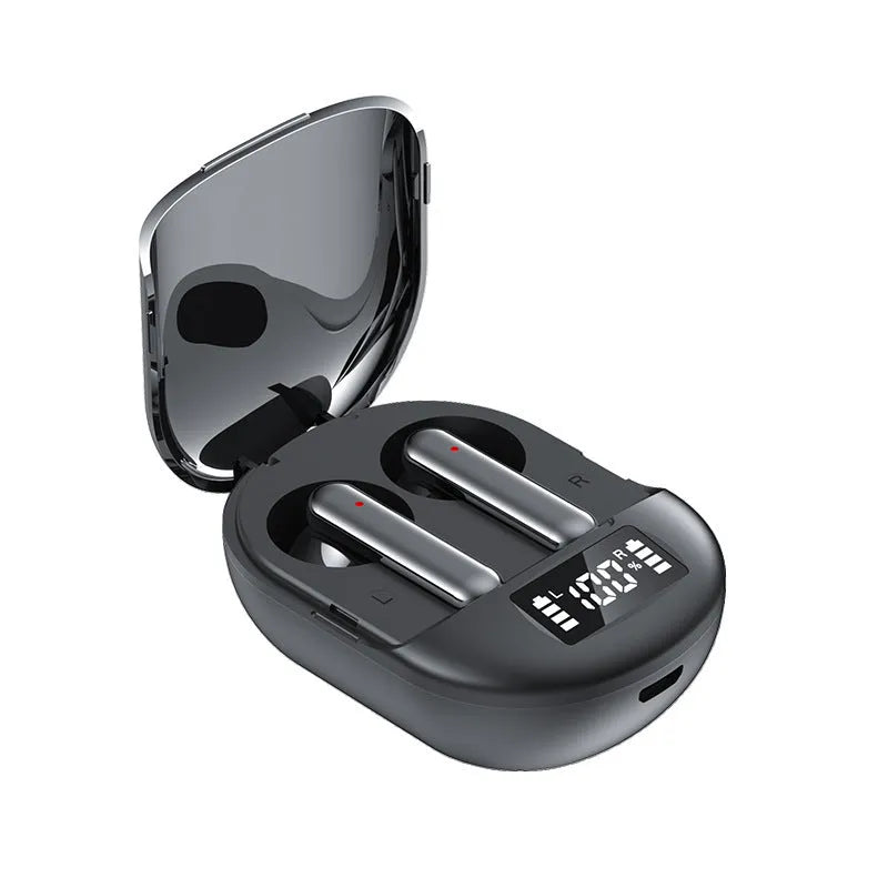 Black and white wireless Bluetooth in-ear headphones with charging case