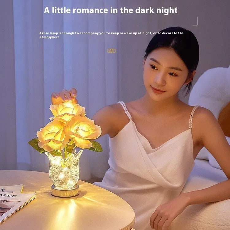 Modern crystal flowers bedside table lamp with touch dimming control on wooden surface