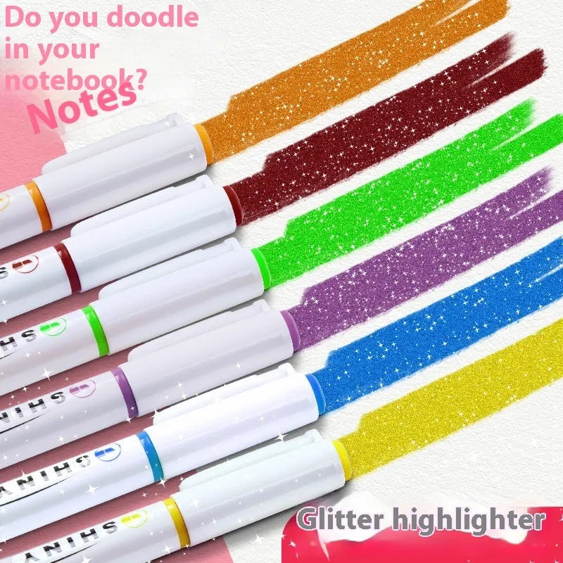 Set of four glitter highlighter pens with star river design and slanted tips in assorted colours.