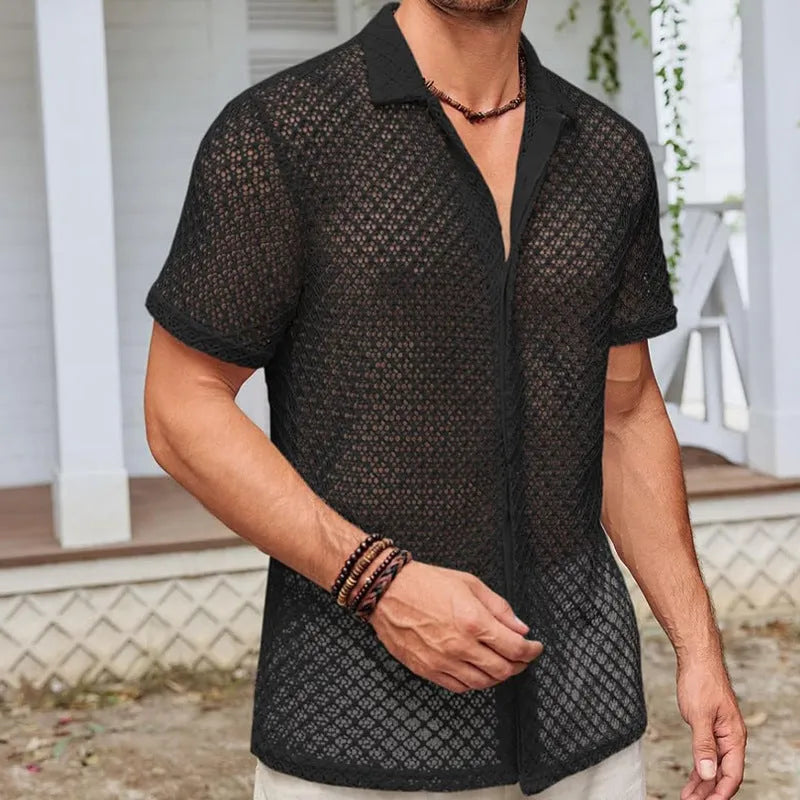 Men's solid colour short sleeve lapel cardigan shirt on a hanger