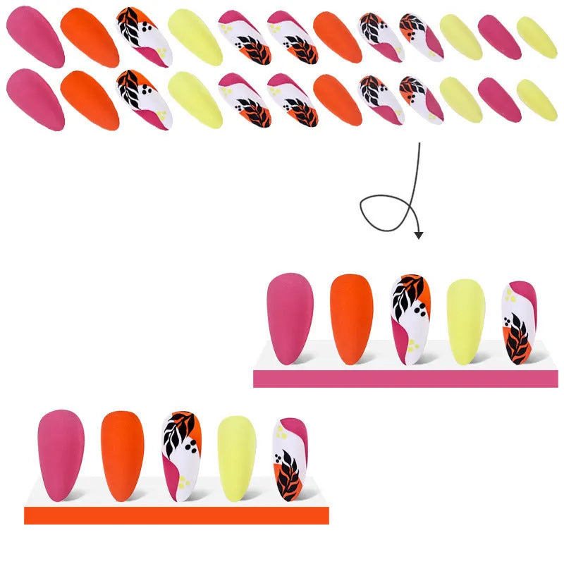 Wear Armour medium almond shaped frosted nail stickers showing four different designs including French leaves and leopard print