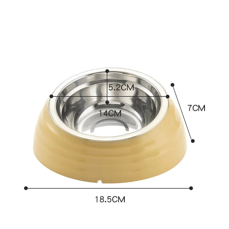 Stainless steel cat bowl in a plastic base, shown in beige colour option
