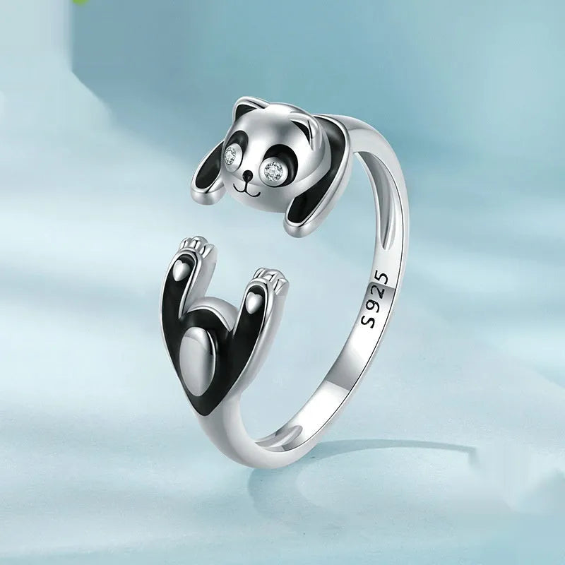 Sterling silver adjustable open ring bracelet with panda motif and white gold plating