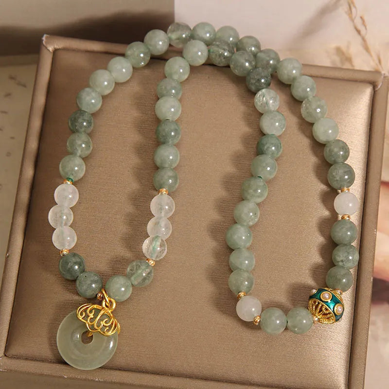 Double-layer women's bracelet with aventurine jade, crystal, rhinestones, and peace buckle in emerald green