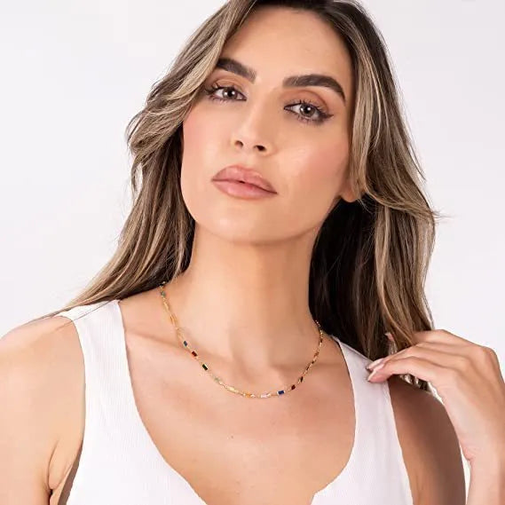 Ladies geometric crystal necklace with alloy chain and coloured glass pendant