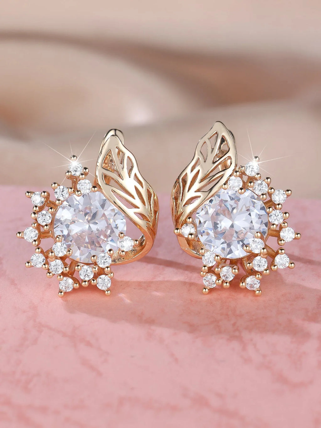 Round floral feather zircon earrings with champagne gold finish and multiple gem colour options