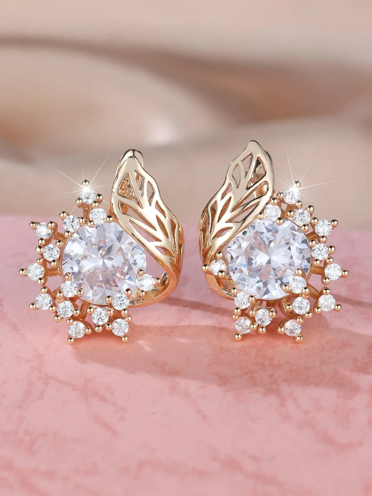 Round floral feather zircon earrings with champagne gold finish and multiple gem colour options