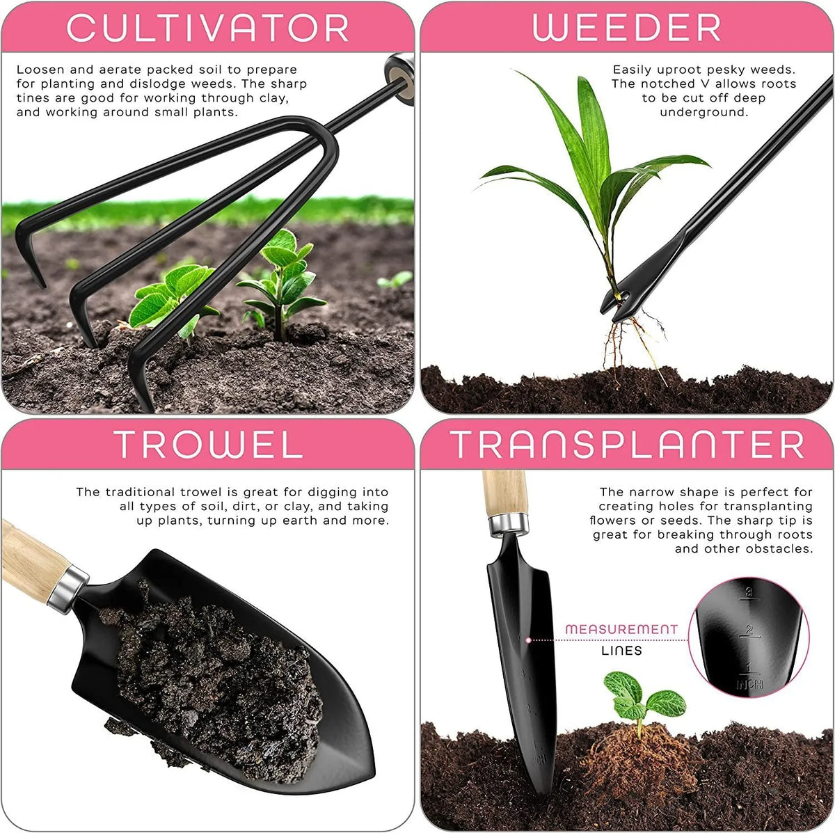 Eight-piece stainless steel gardening tool set with spade, trowel, fork and weed puller for garden maintenance