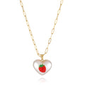 Geometric heart necklace with fruit pendant on adjustable chain in apple cherry pear pineapple strawberry designs