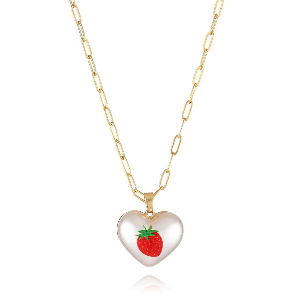 Geometric heart necklace with fruit pendant on adjustable chain in apple cherry pear pineapple strawberry designs