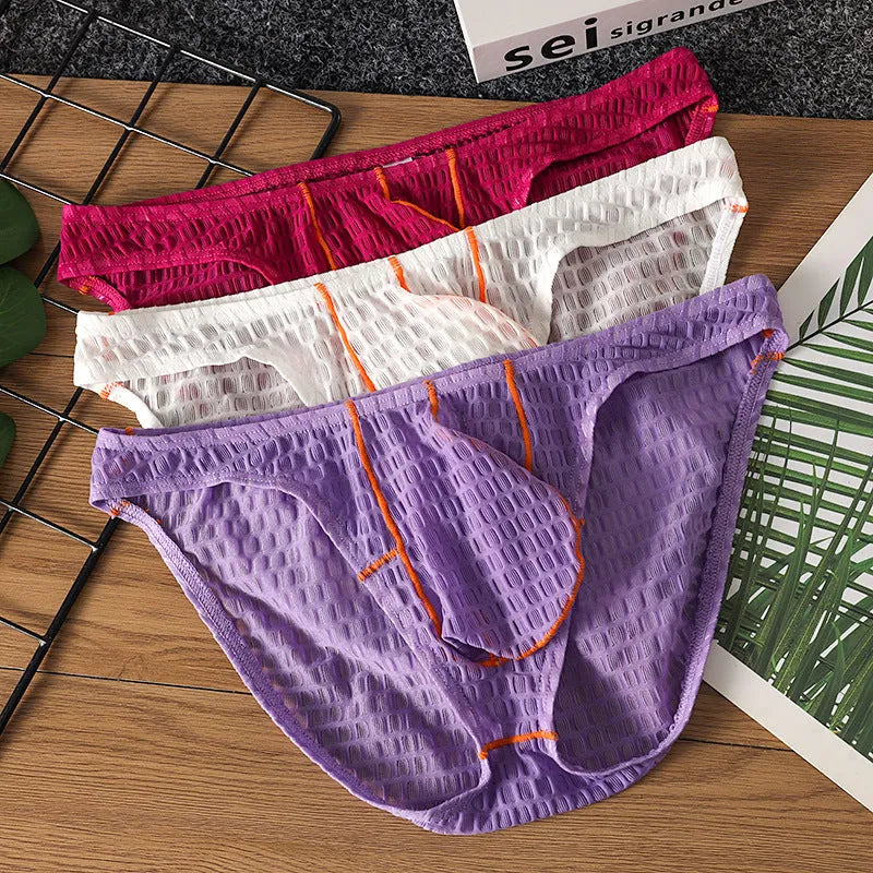 Men's solid colour ice silk lace low waist briefs for sports