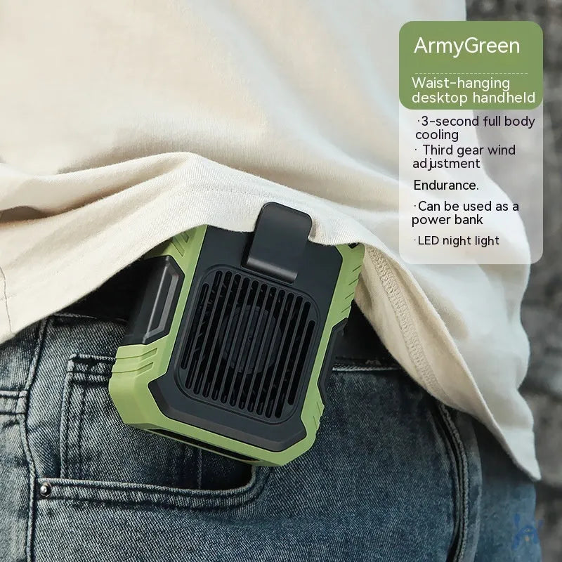 Green wrist-worn USB rechargeable fan with LED light and adjustable strap showing three speed buttons
