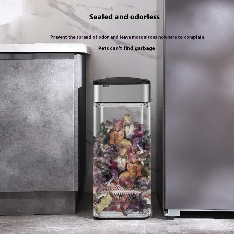 Square stainless steel smart trash can with inductive sensor lid.