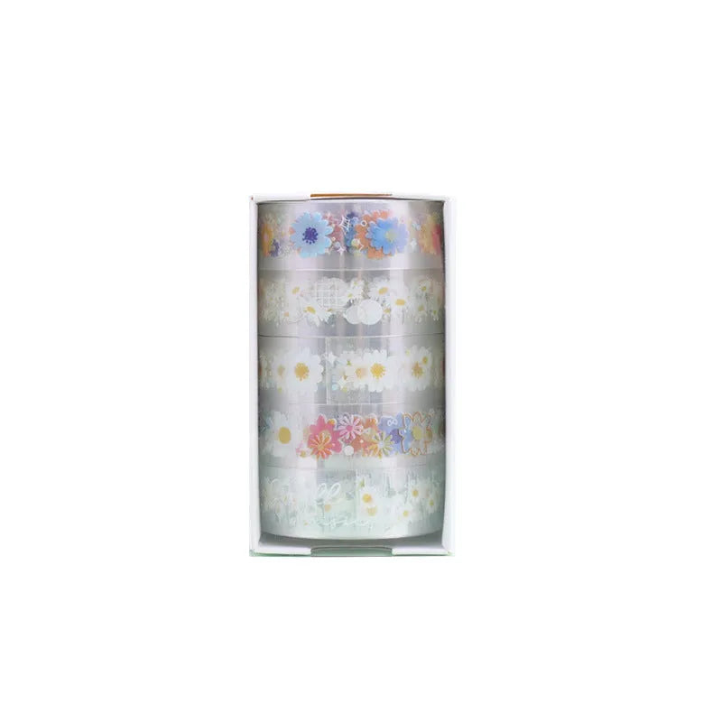 Five rolls of transparent PET decorative adhesive tape in Midsummer Daisy colour for craft projects