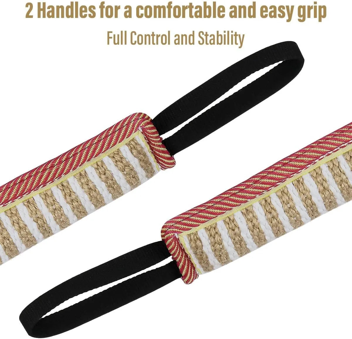 Beige jute dog tug toy with two fabric handles, shown alongside a pink version