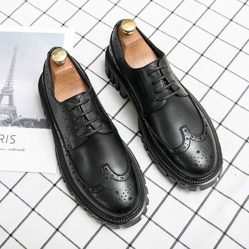 Men's black and brown formal brogue shoes with round toe and artificial PU upper.