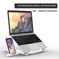 Black ABS plastic laptop stand with an integrated mobile phone holder on a wooden desk.