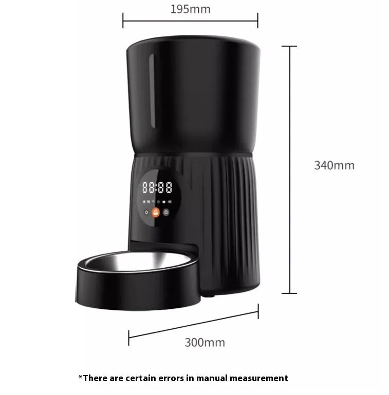 Black automatic pet feeder with digital display and food container showing portion control mechanism