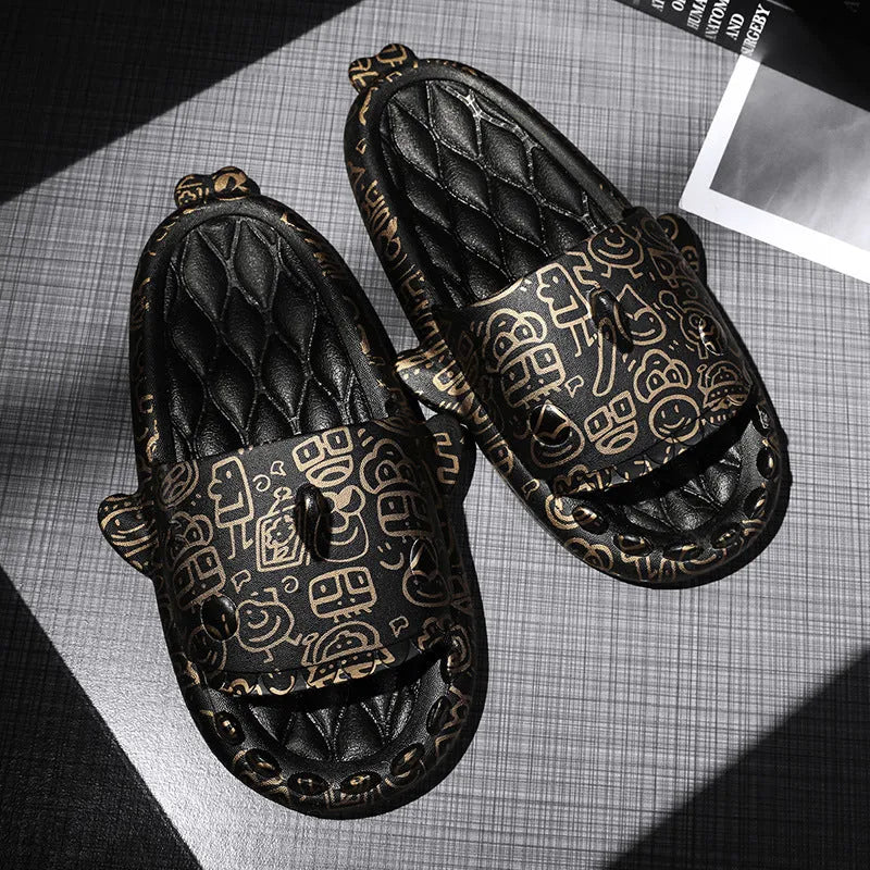 Open-toe EVA foam slippers with a shark design on the upper, shown in a beige colour.