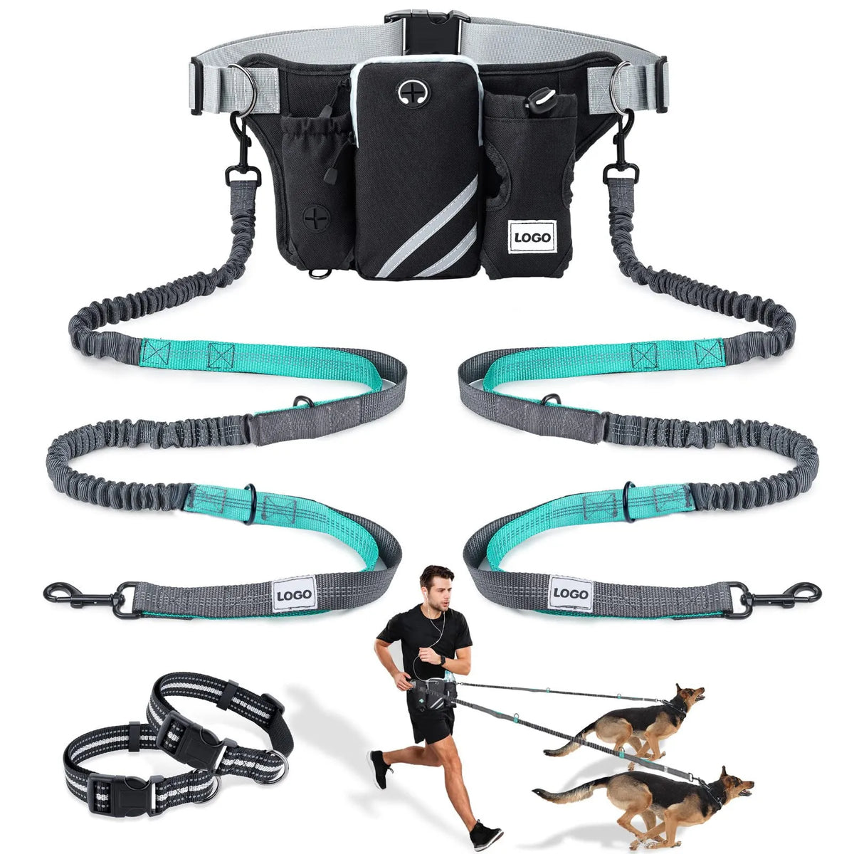 Black outdoor dog walking set with nylon waist bag and adjustable leash for pet training