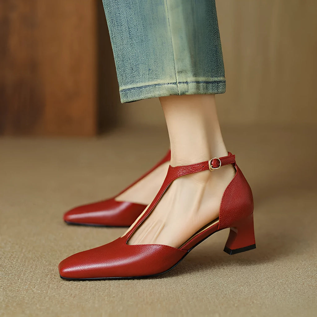 Women's wine red sheepskin leather square toe chunky heel shoes with buckle fastening