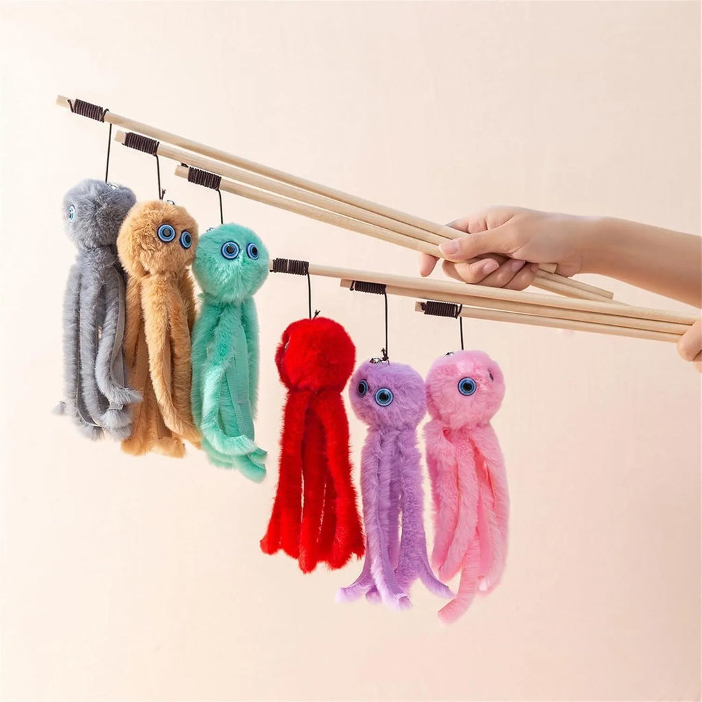 Furry octopus cat toy on 40cm long stick for indoor kitten play in bright colours
