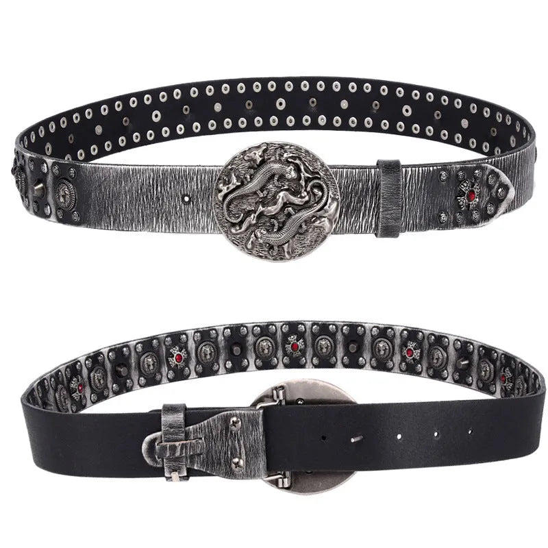 Men's punk-style leather belt with rivet details and an alloy buckle in a retro colour.