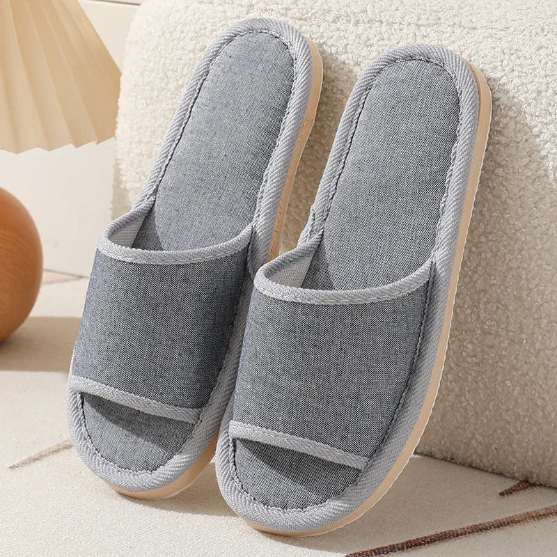 Women's open toe linen slippers with thickened sole, shown in a light brown colour variant