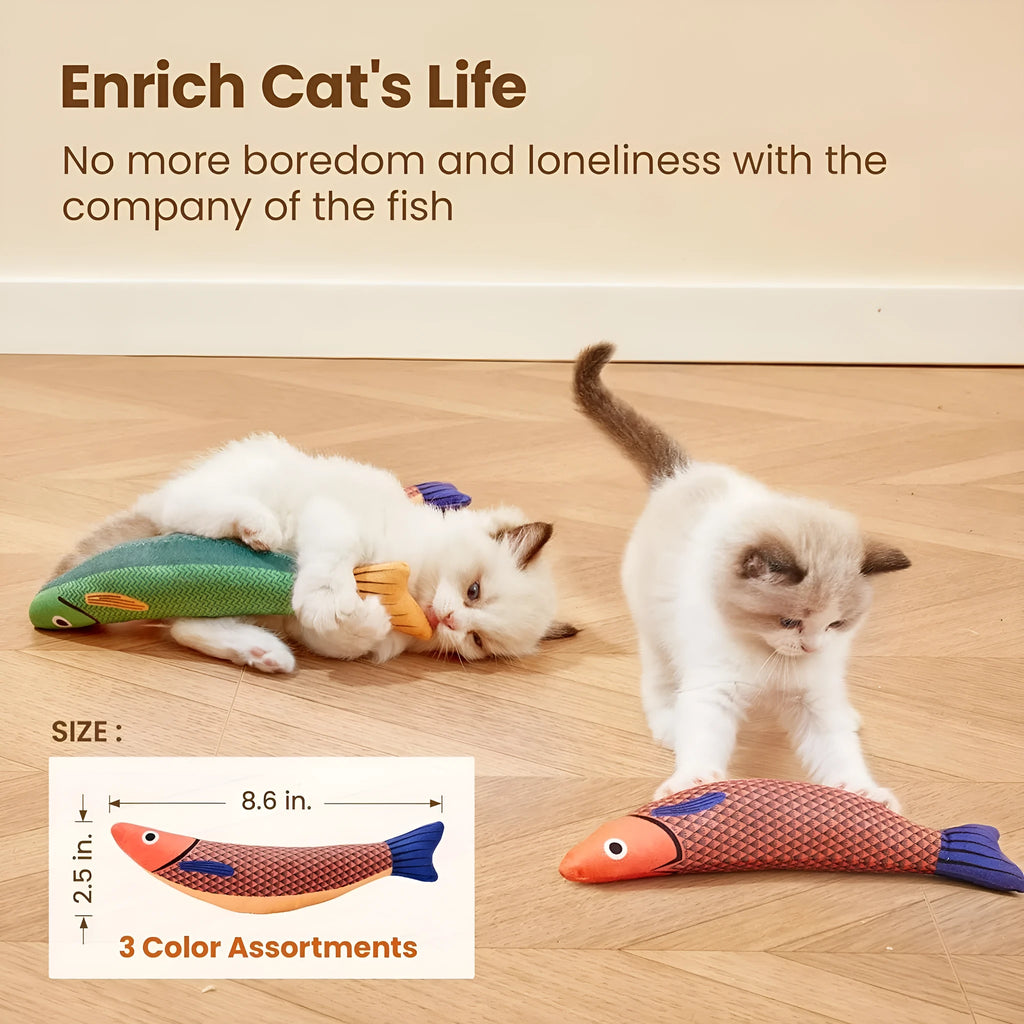 Soft plush fish-shaped cat toy filled with organic catnip in green, orange, or yellow.
