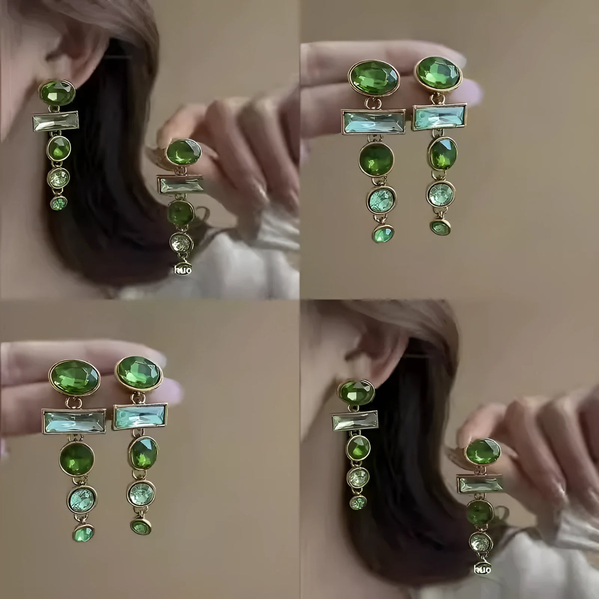 Retro geometric green gradient alloy earrings with tassel design and inlaid zircon stones
