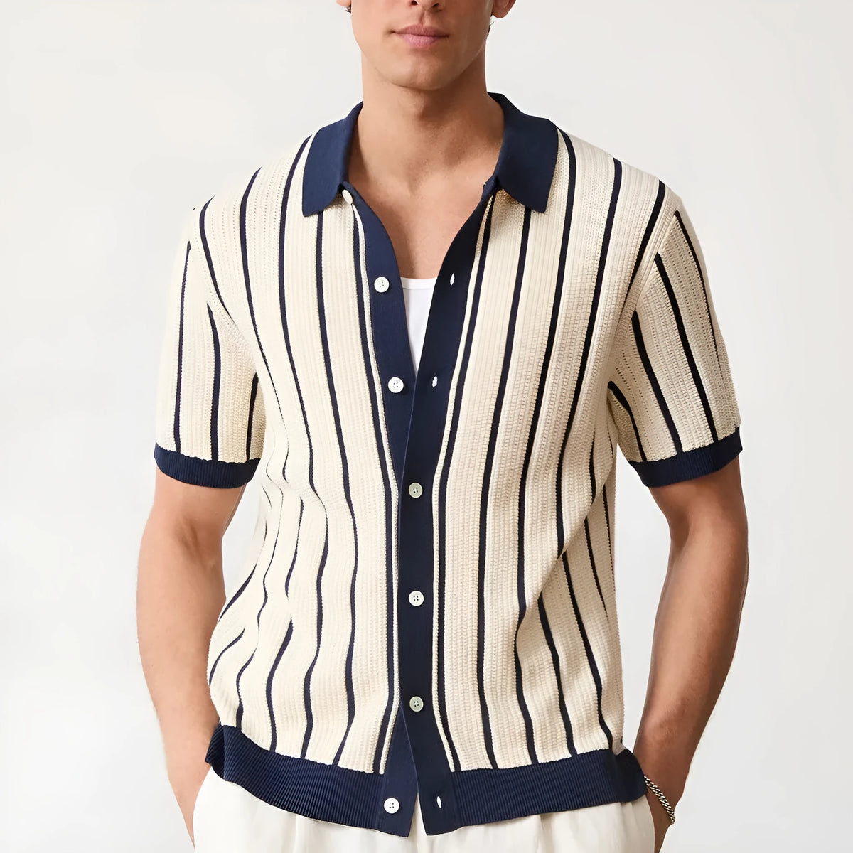 Men's white asymmetric lapel knitted shirt with short sleeves and British style design