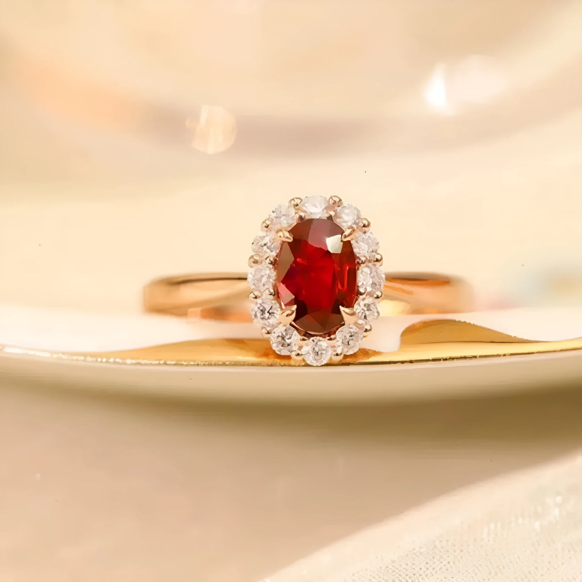 Women's silver-plated floral ring with a gold pigeon red blood gemstone centrepiece.