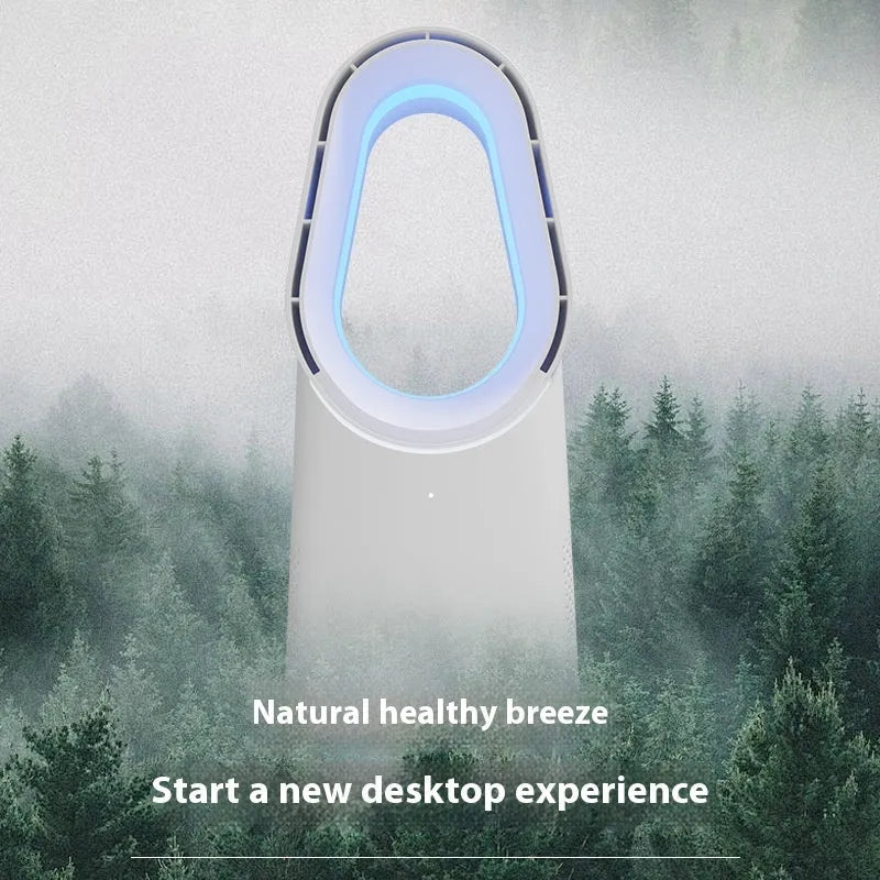 White SK bladeless tower fan with a remote control on a wooden floor next to a desk.