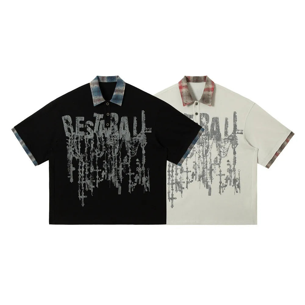 Men's loose-fit cotton top with asymmetric graffiti printing in blue or red colour options