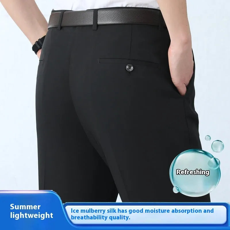 Men's straight-leg high-waist trousers in a mulberry silk blend fabric, shown in dark blue.