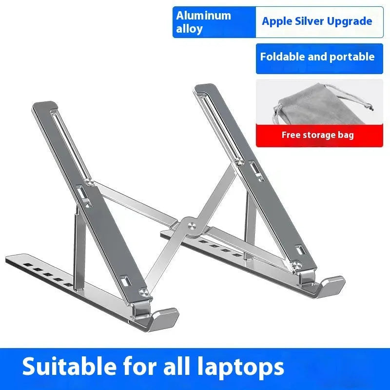 Silver aluminium folding laptop stand holding a notebook computer at an angle.