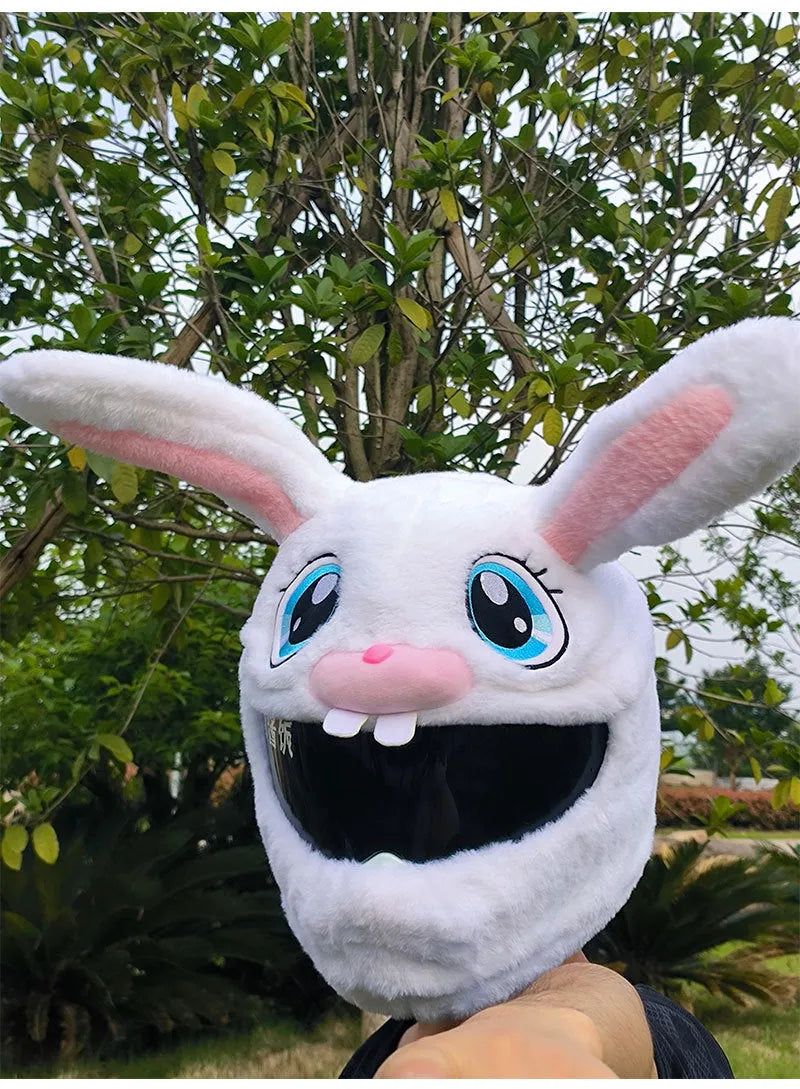 White rabbit head decorative cover on motorcycle helmet with long ears and plush pp cotton material