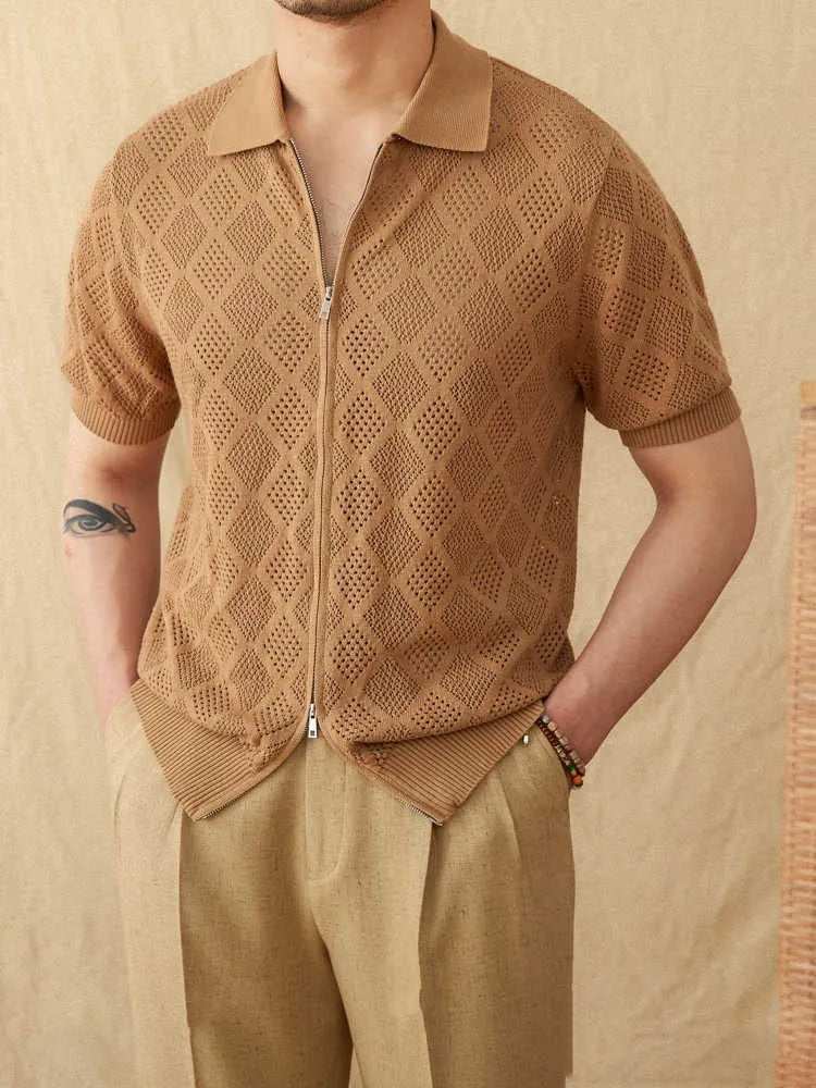 Men's light brown cotton short sleeve cardigan with zipper front and lapel collar