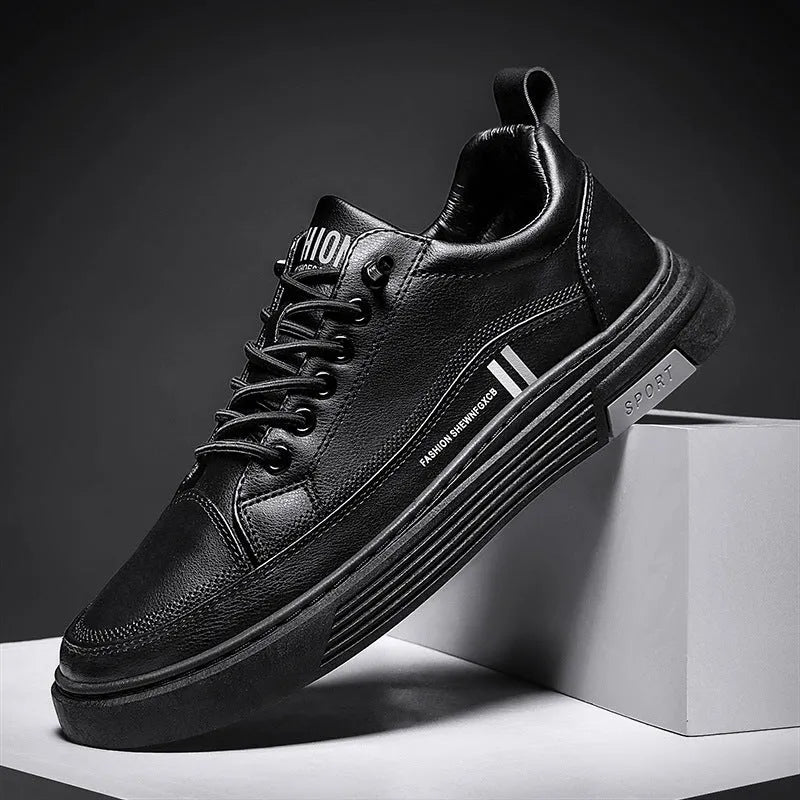 Men's black and white skateboard shoes with elastic band and microfiber upper
