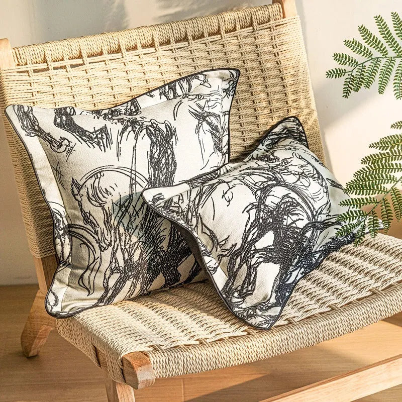 Abstract Jacquard woven horse design cushion in golden yellow, available as square or waist pillow.