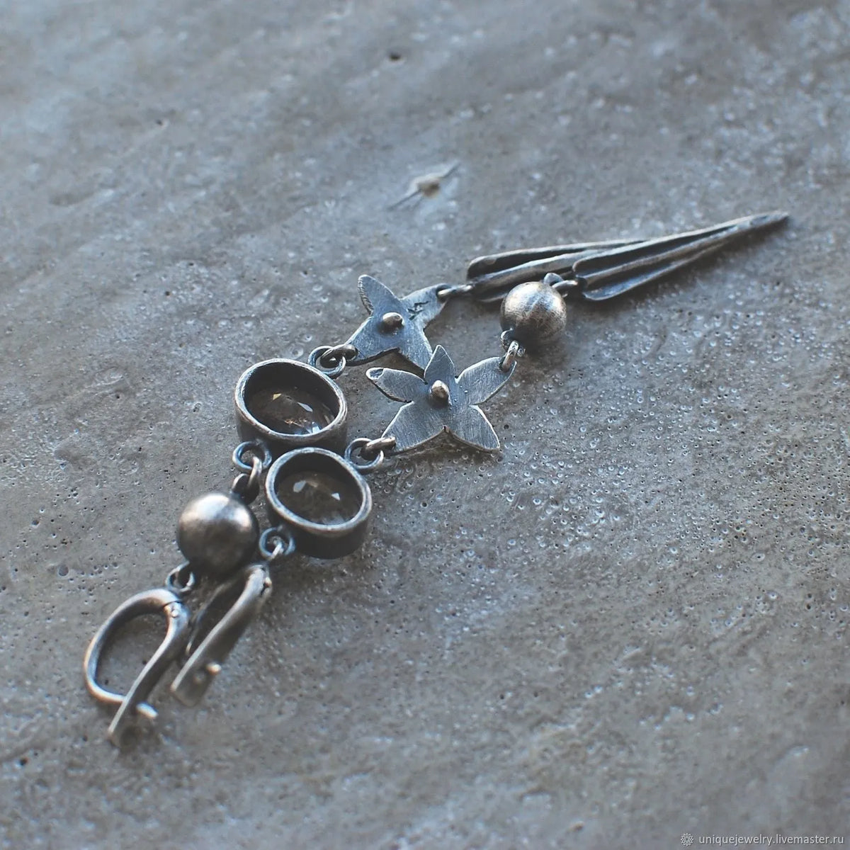 Geometric long pendant earrings with XINGX rhinestone design in antique silver