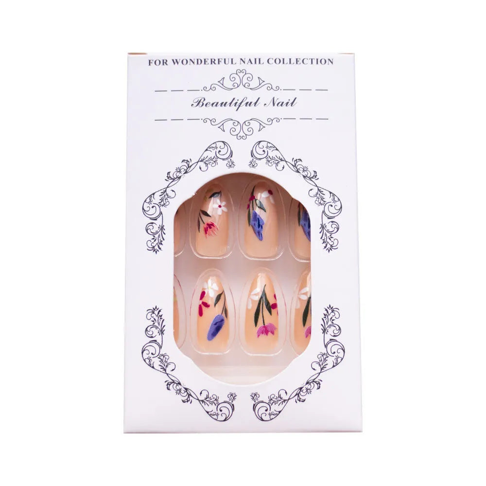 Almond-shaped European style nail art strips with removable flower armour design in solid colour options